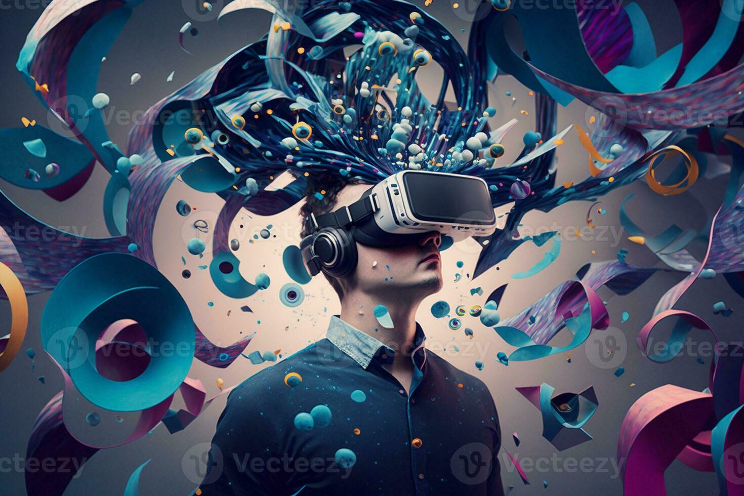 Young man using virtual reality headset. VR glasses, futuristic, technology, online education, education, video game concept. Generative AI. photo