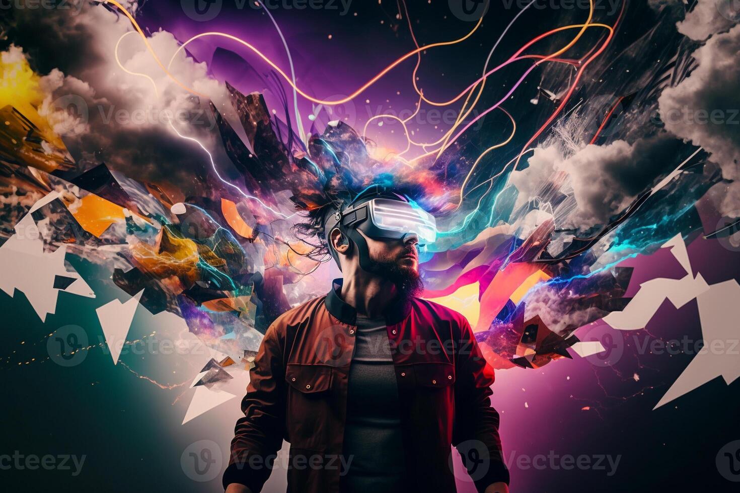 Young man using virtual reality headset. VR glasses, futuristic, technology, online education, education, game concept. . photo