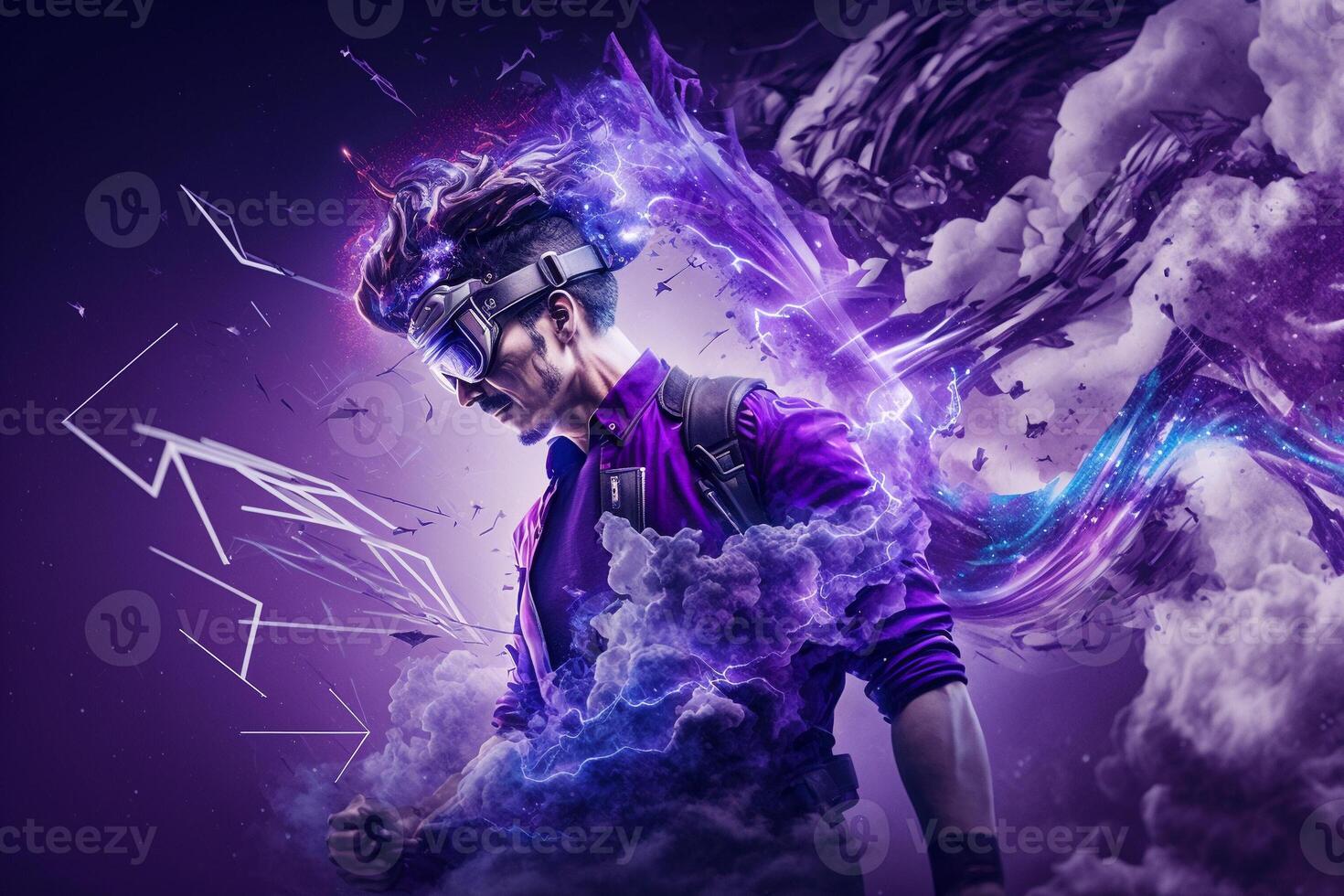Young man using virtual reality headset. VR glasses, futuristic, technology, online education, education, game concept. . photo