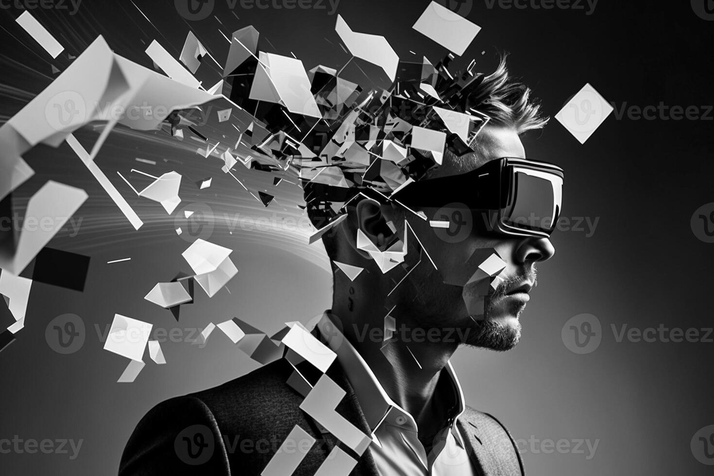 Young man using virtual reality headset. VR glasses, futuristic, technology, online education, education, video game concept. Generative AI. photo