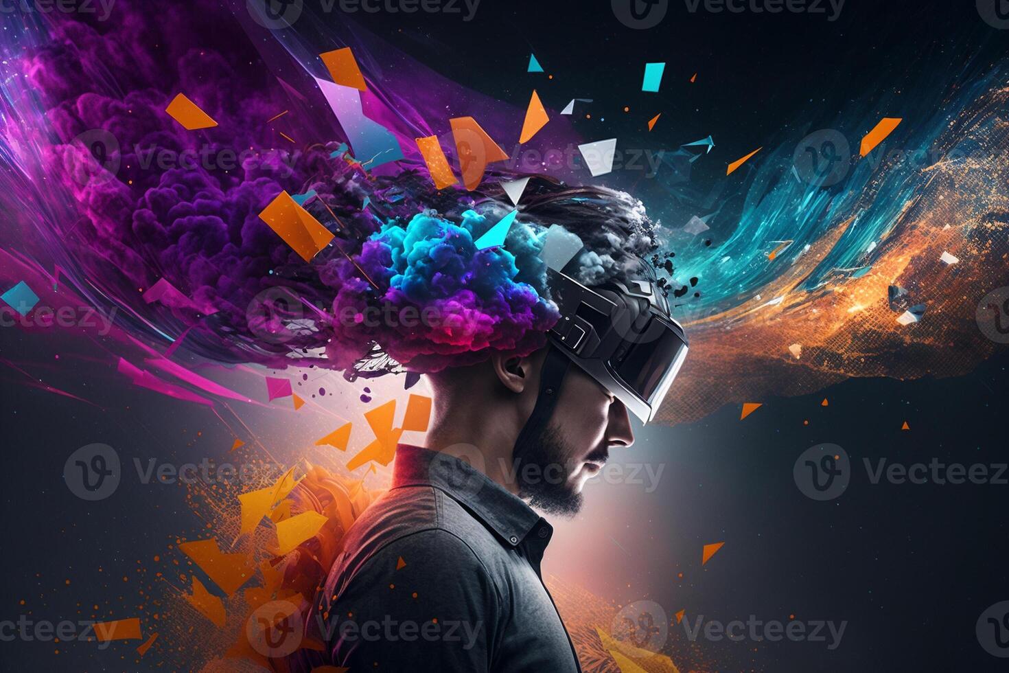 Young man using virtual reality headset. VR glasses, futuristic, technology, online education, education, game concept. . photo