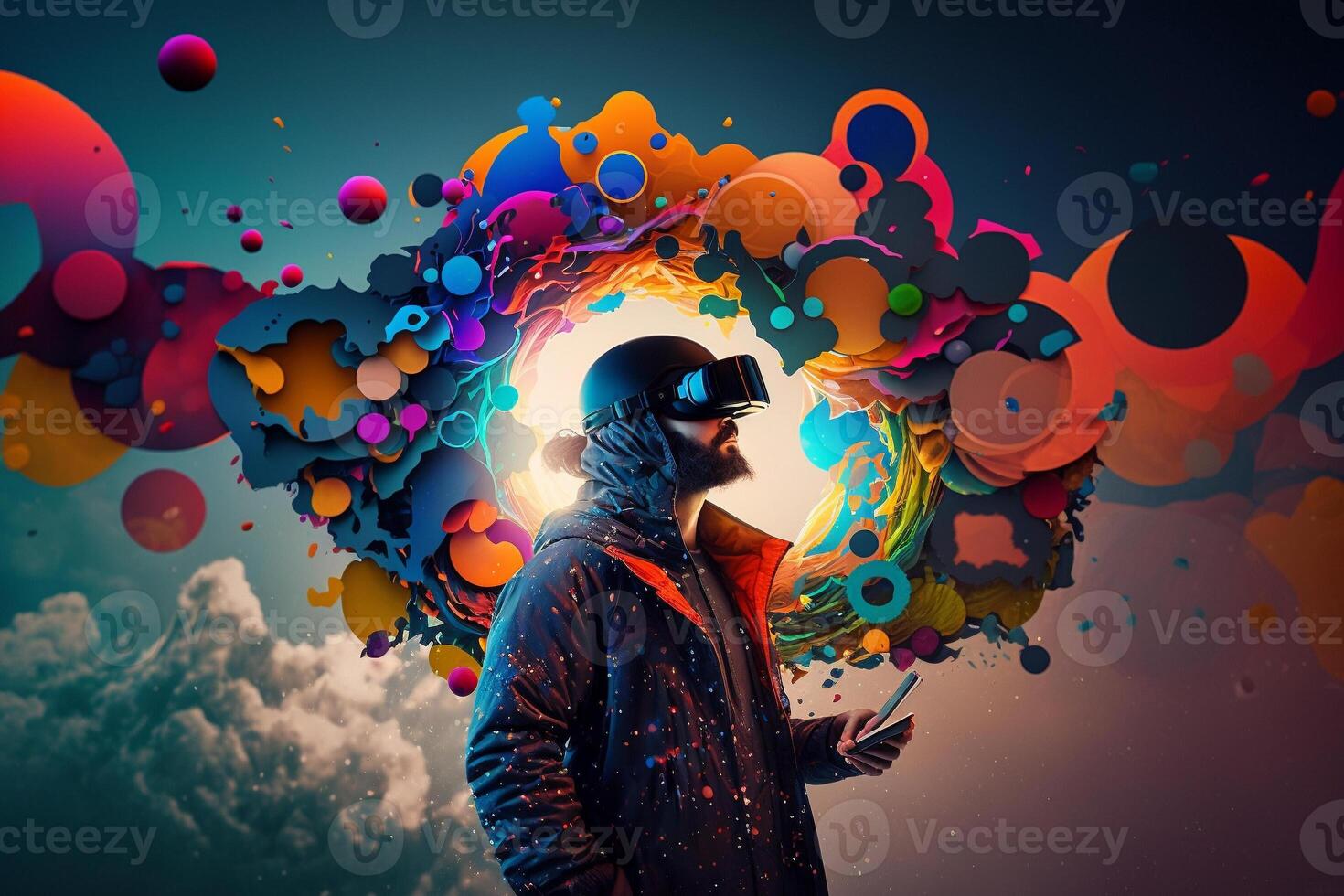 Young man using virtual reality headset. VR glasses, futuristic, technology, online education, education, game concept. . photo