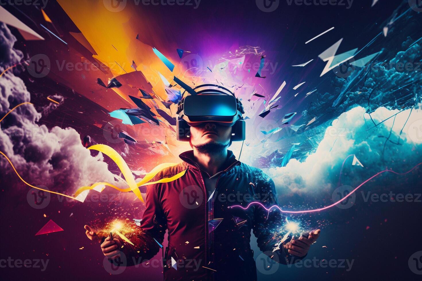 Young man using virtual reality headset. VR glasses, futuristic, technology, online education, education, game concept. . photo