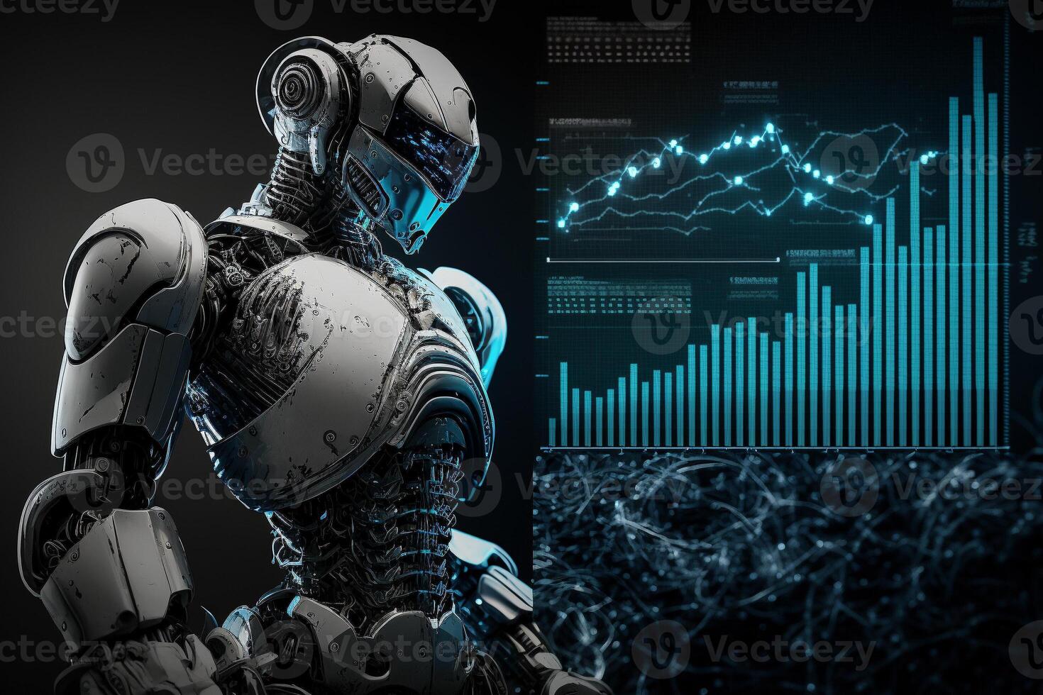 Future business 3d technology robot and stock chart traders, stock chart analysis to beat the market. . photo