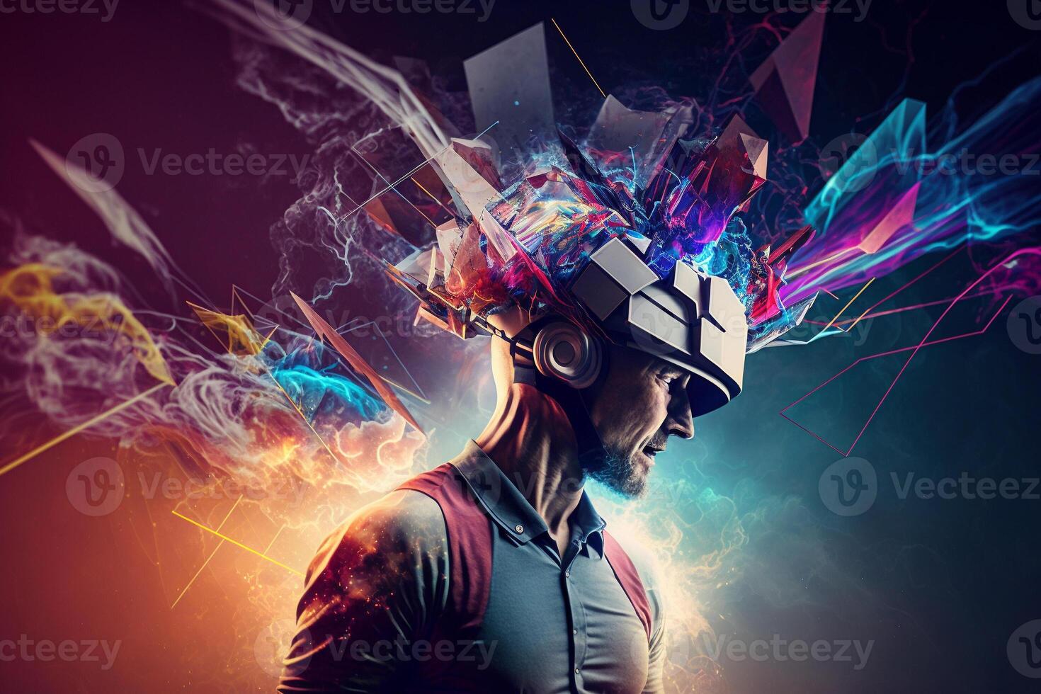 Young man using virtual reality headset. VR glasses, futuristic, technology, online education, education, game concept. . photo