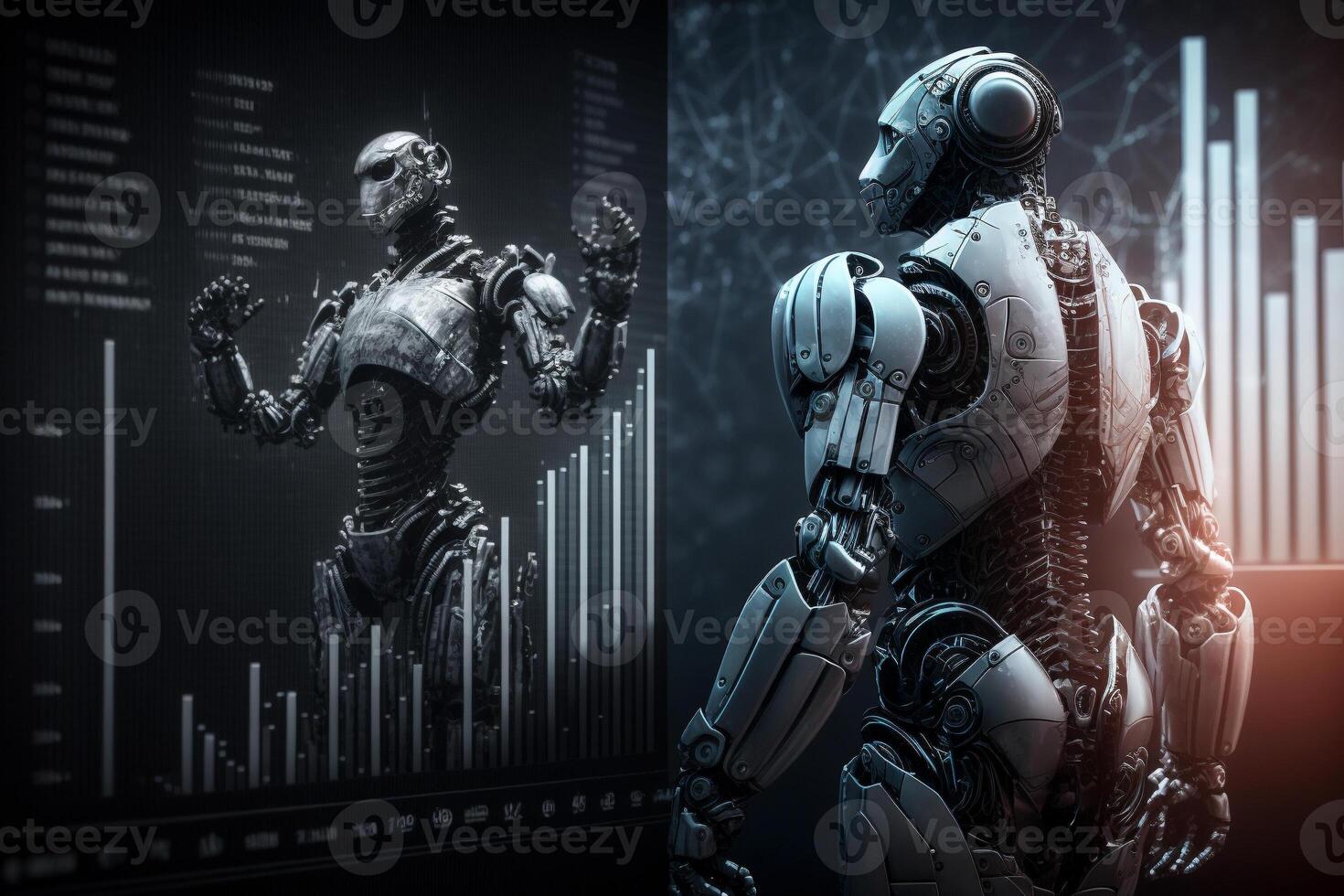Future business 3d technology robot and stock chart traders, stock chart analysis to beat the market. . photo