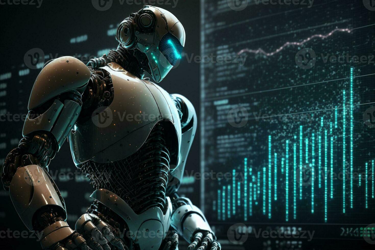 Future business 3d technology robot and stock chart traders, stock chart analysis to beat the market. Generative AI. photo