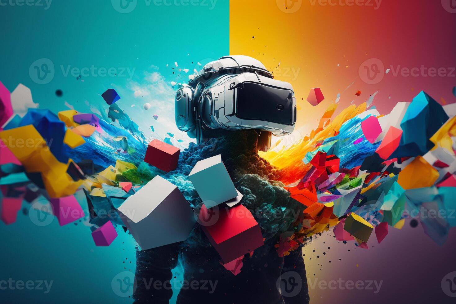 Young man using virtual reality headset. VR glasses, futuristic, technology, online education, education, game concept. . photo