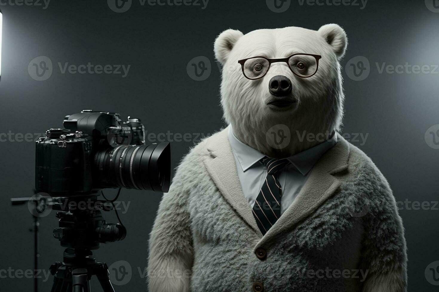 Portrait of a bear white with glasses and a formal suit, preparing for an advertisement. generative ai. photo