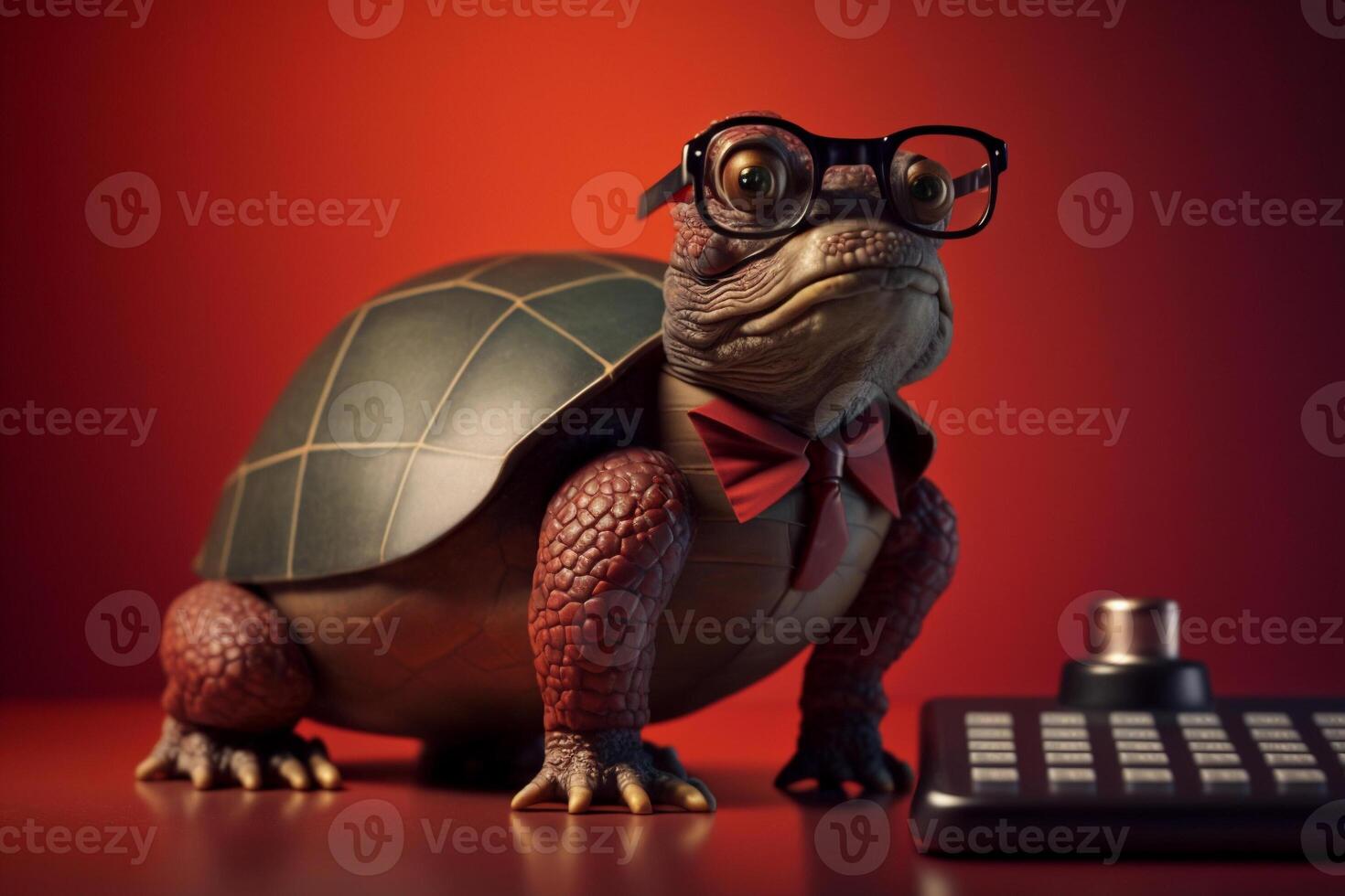 Portrait of a turtle with glasses and a formal red suit,preparing for an advertisement. . photo