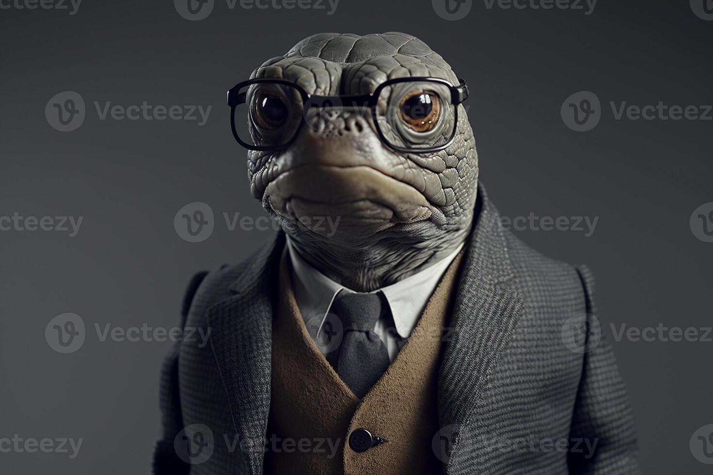 Portrait of a turtle with glasses and a formal suit, black background. generative ai. photo