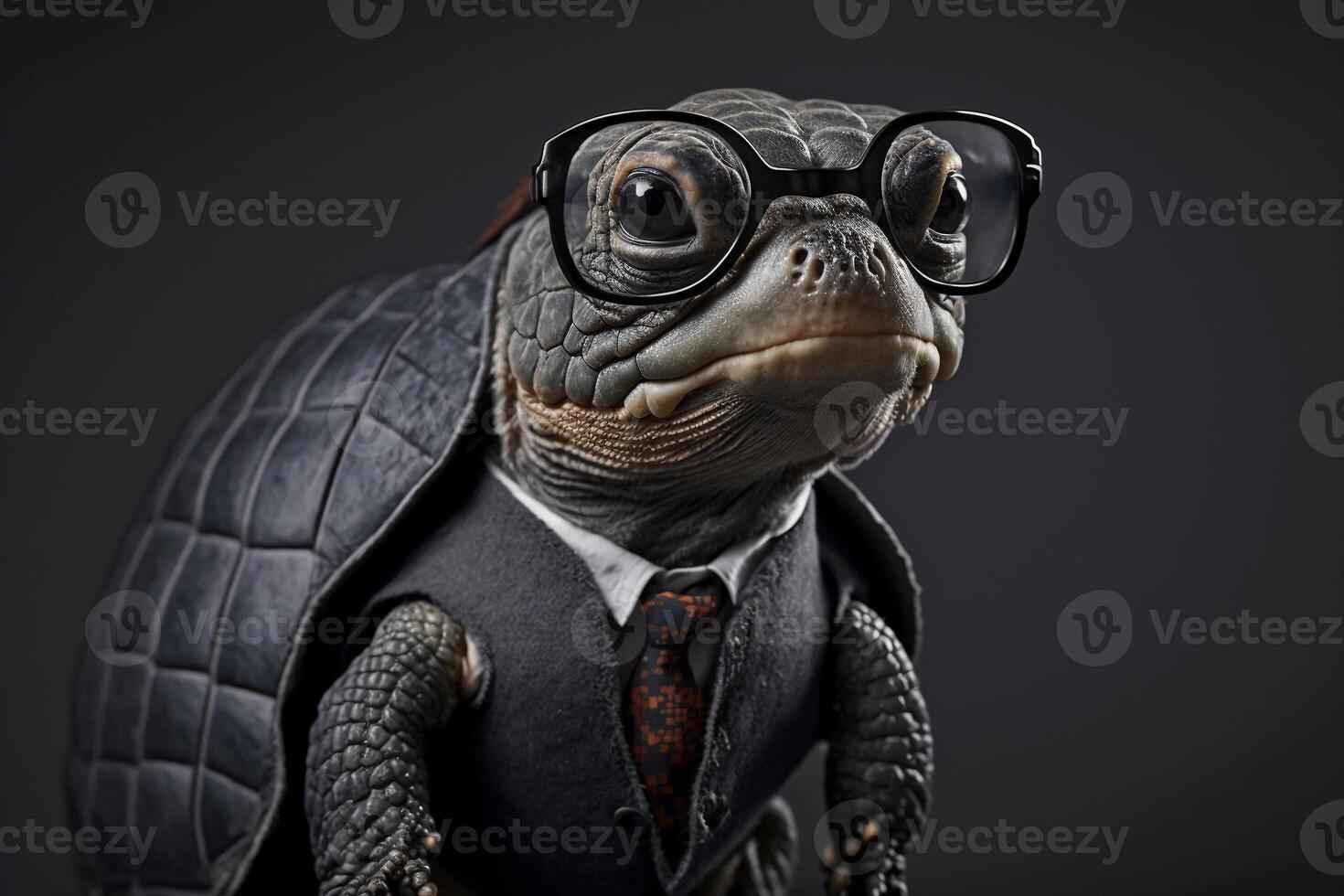 retrato de un Tortuga con lentes y un formal traje, negro antecedentes. generativo ai. foto