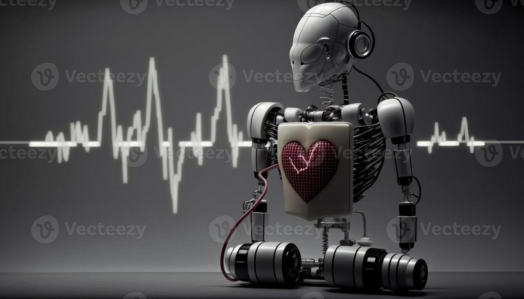 Robot man or very detailed futuristic android isolated on black background, pulse, robot heartbeat. . photo