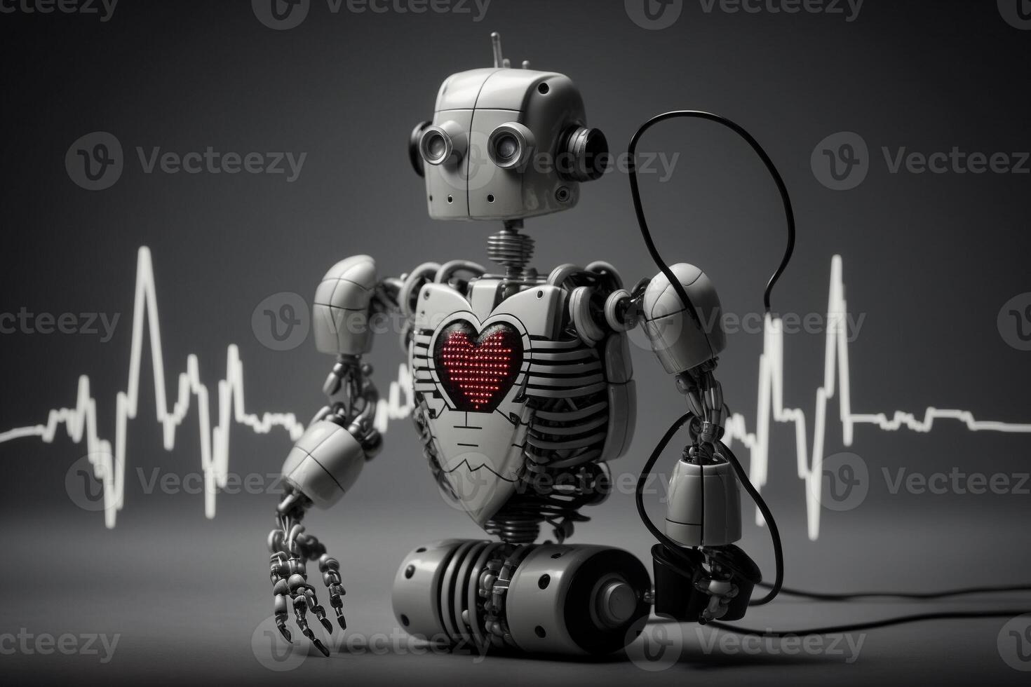 Robot man or very detailed futuristic android isolated on black background, pulse, robot heartbeat. . photo