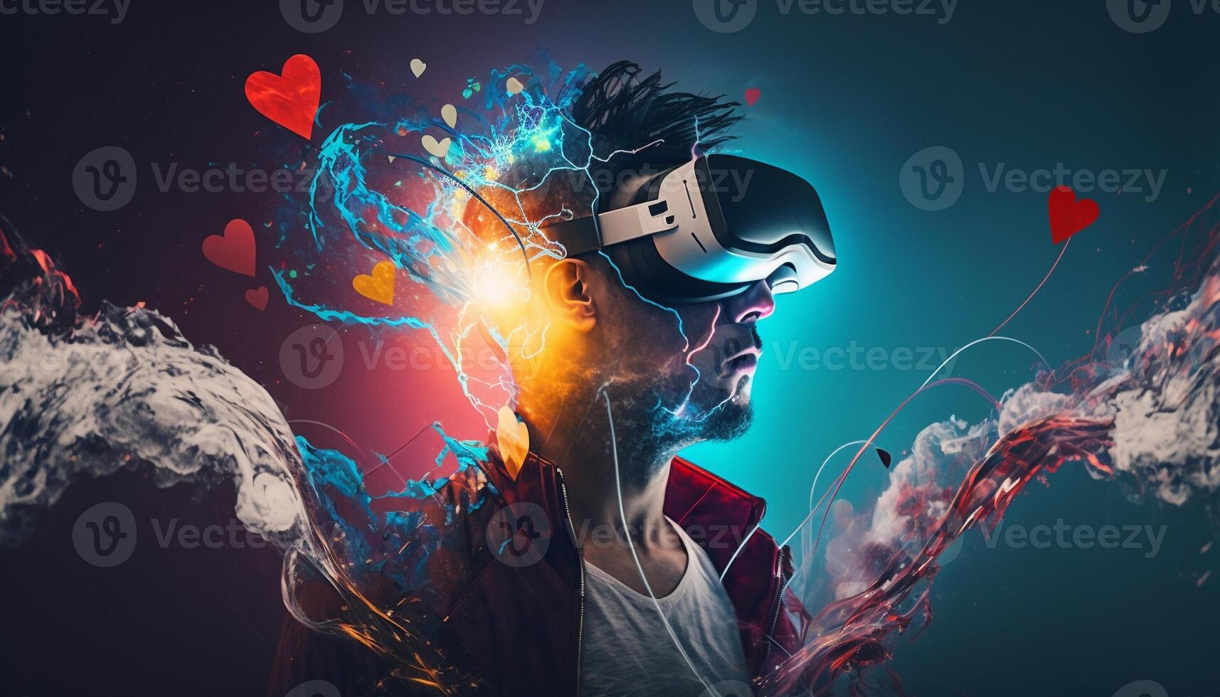 Young man using virtual reality headset. VR glasses, futuristic, technology, online education, education, game concept. . photo