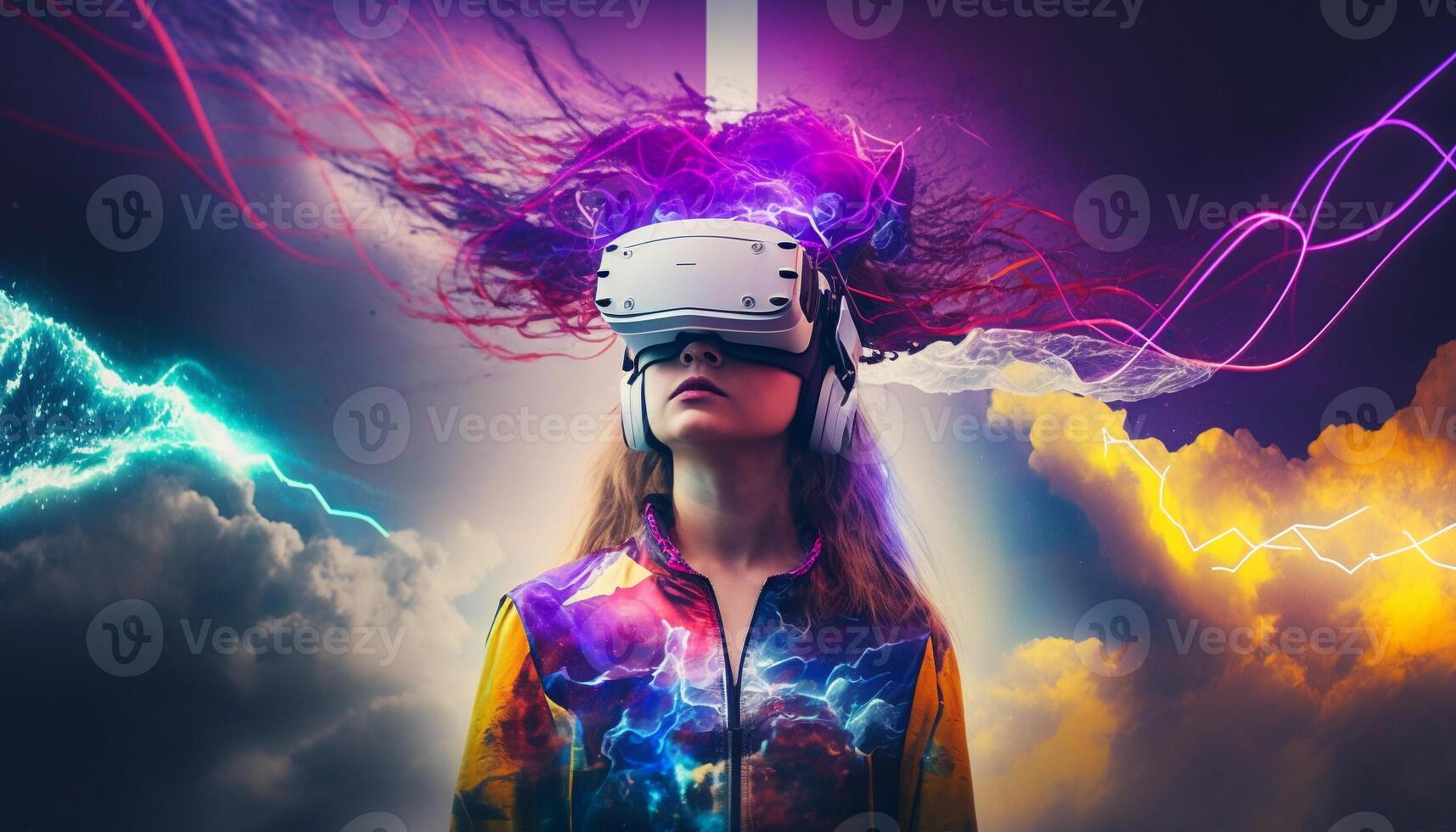 Young woman using virtual reality headset. VR glasses, futuristic, technology, online education, education, game concept. . photo