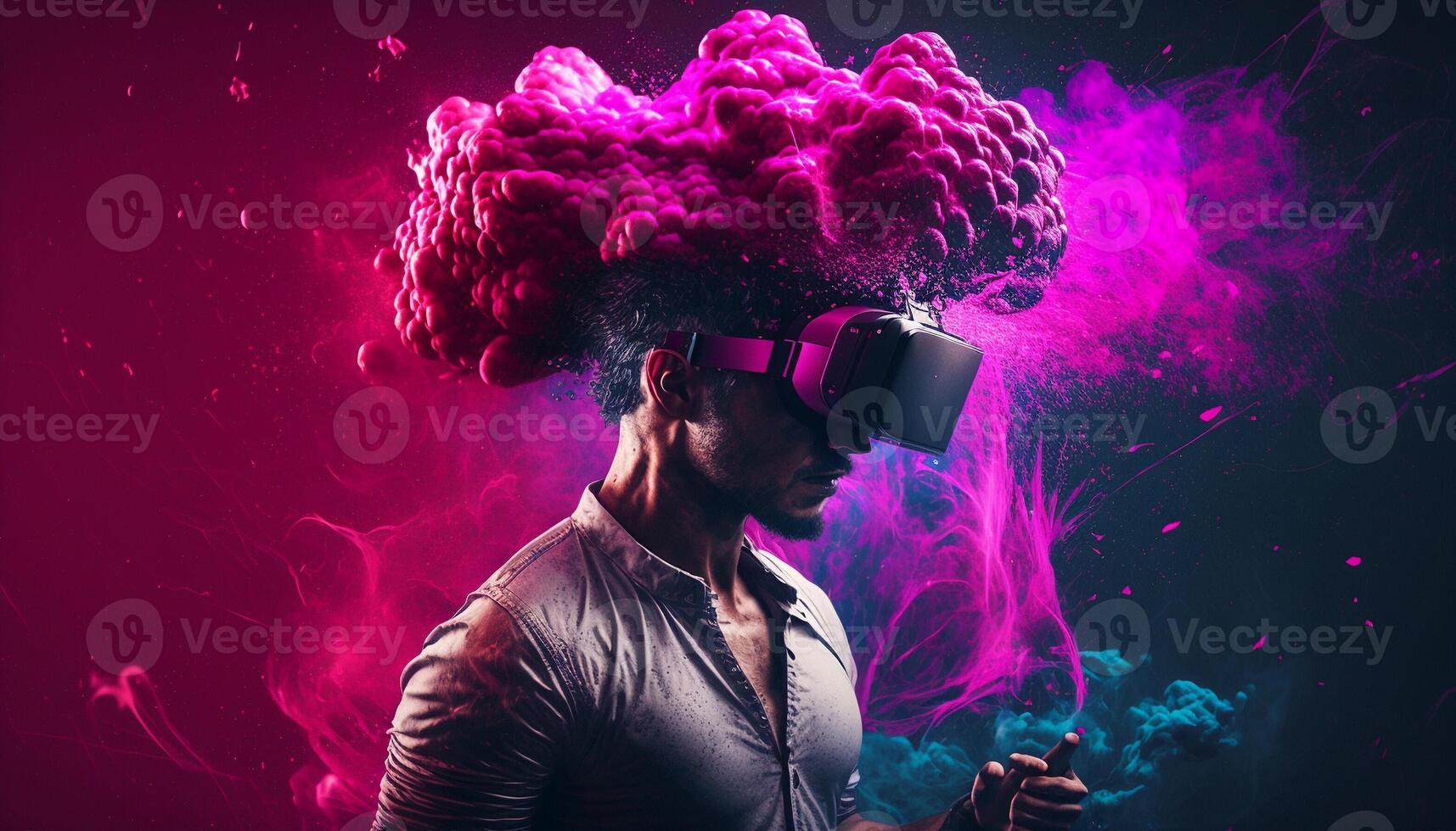 Young man using virtual reality headset. VR glasses, futuristic, technology, online education, education, game concept. . photo