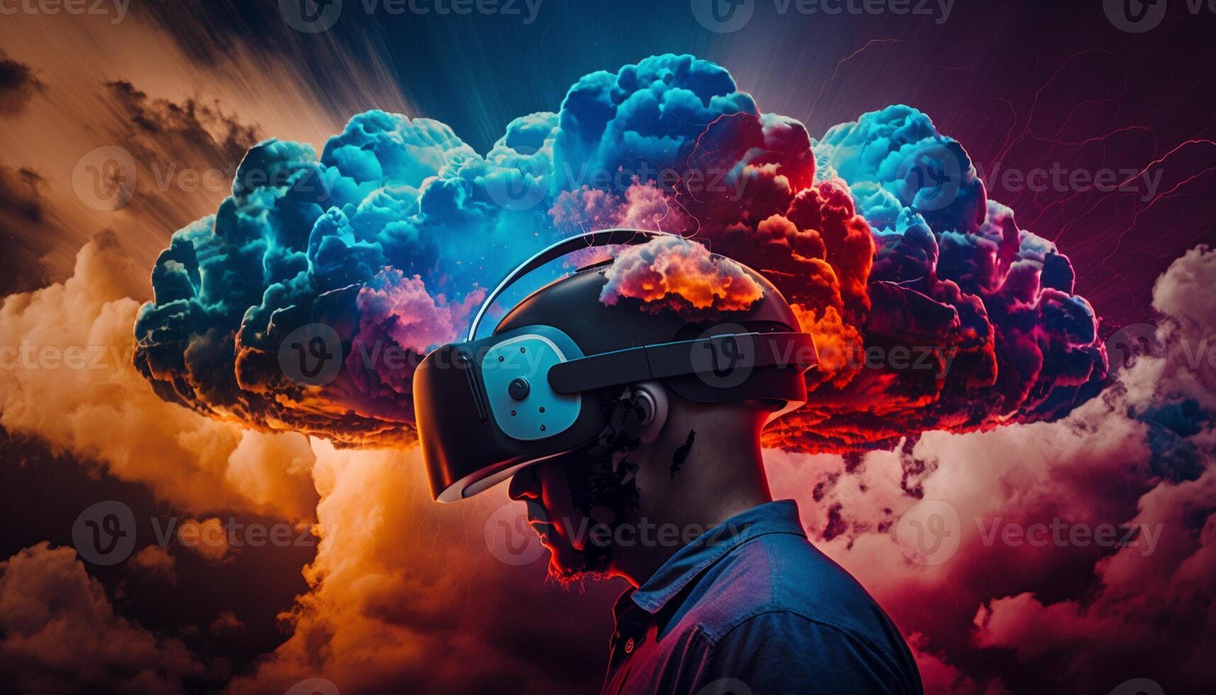 Young man using virtual reality headset. VR glasses, futuristic, technology, online education, education, game concept. . photo