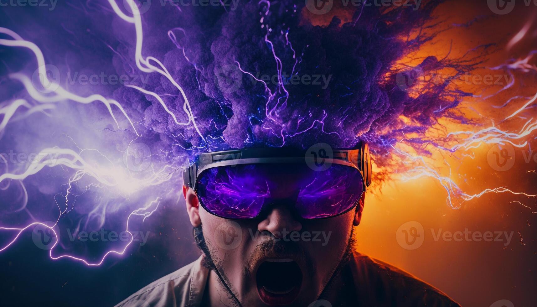 Young man using virtual reality headset. VR glasses, futuristic, technology, online education, education, game concept. . photo