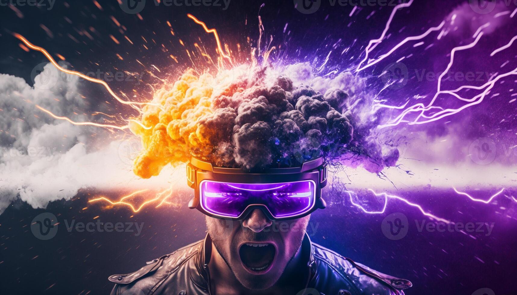 Young man using virtual reality headset. VR glasses, futuristic, technology, online education, education, video game concept. Generative AI. photo