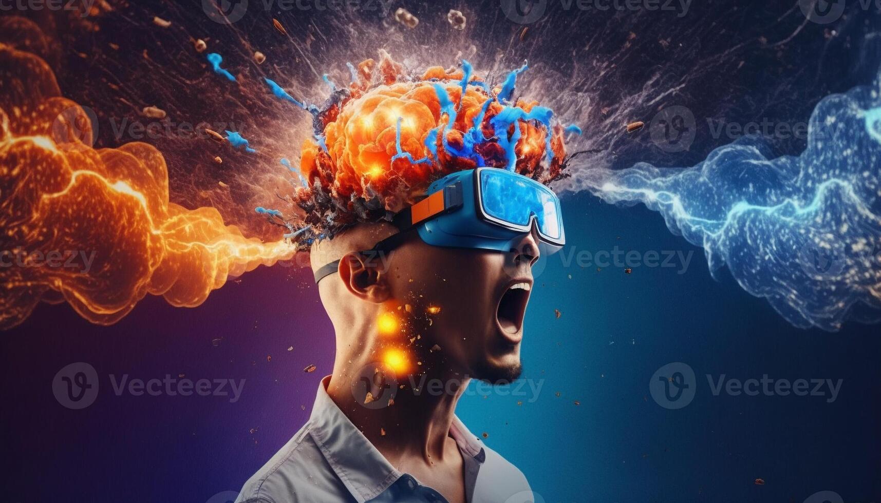 Young man using virtual reality headset. VR glasses, futuristic, technology, online education, education, game concept. . photo