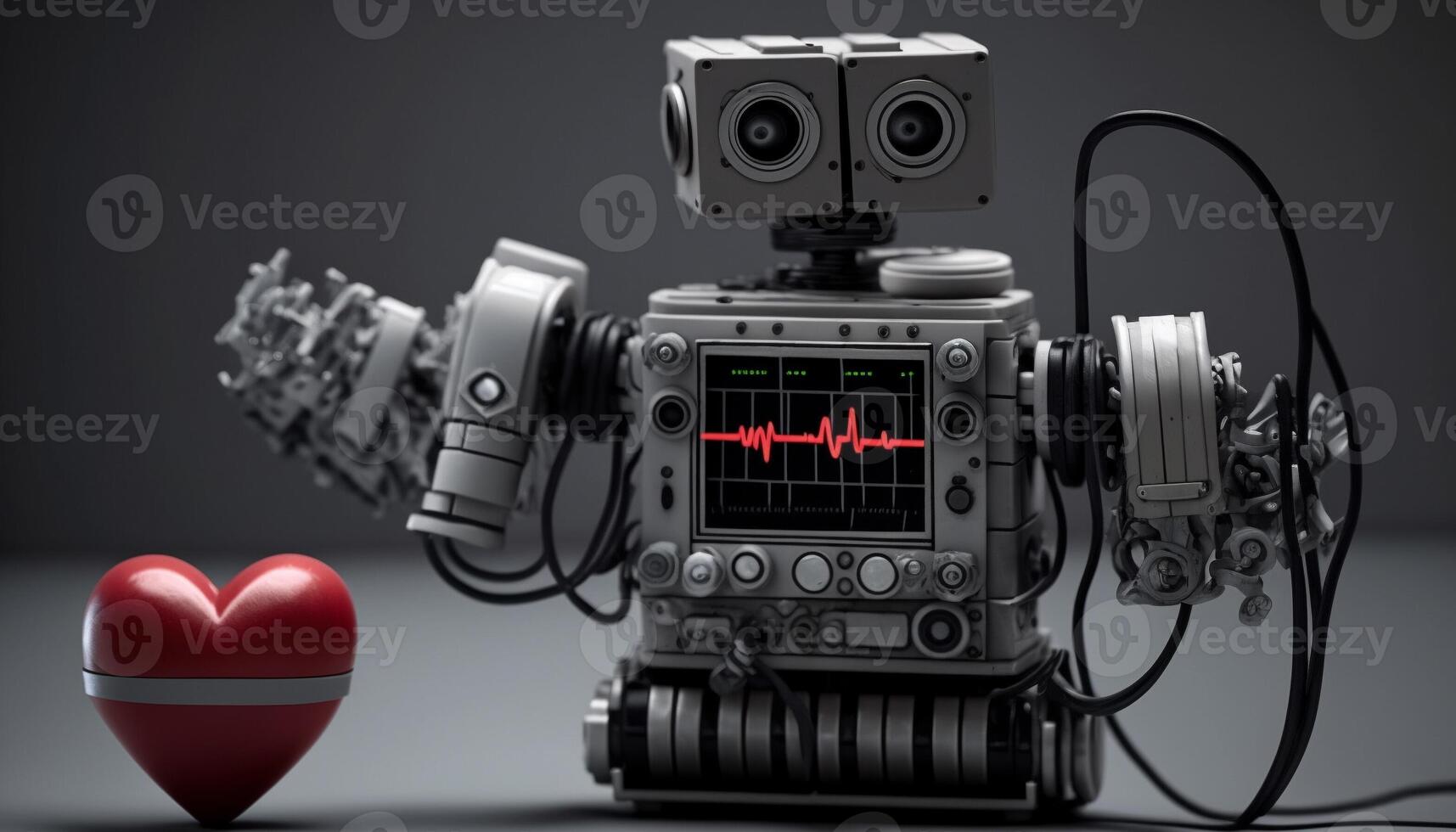 Robot man or very detailed futuristic android isolated on black background, pulse, robot heartbeat. . photo