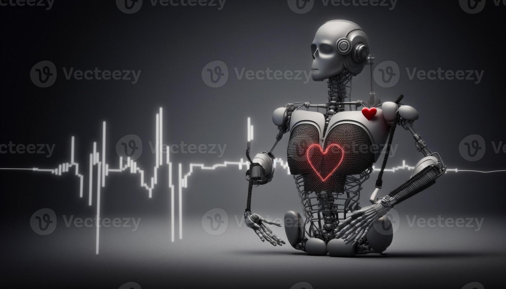 Robot man or very detailed futuristic android isolated on black background, pulse, robot heartbeat. . photo