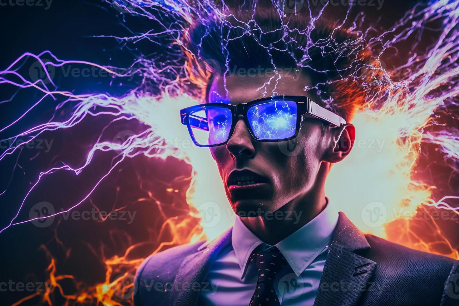 Graphical virtual reality technology concept of a man wearing a suit and VR glasses, Generative AI. photo