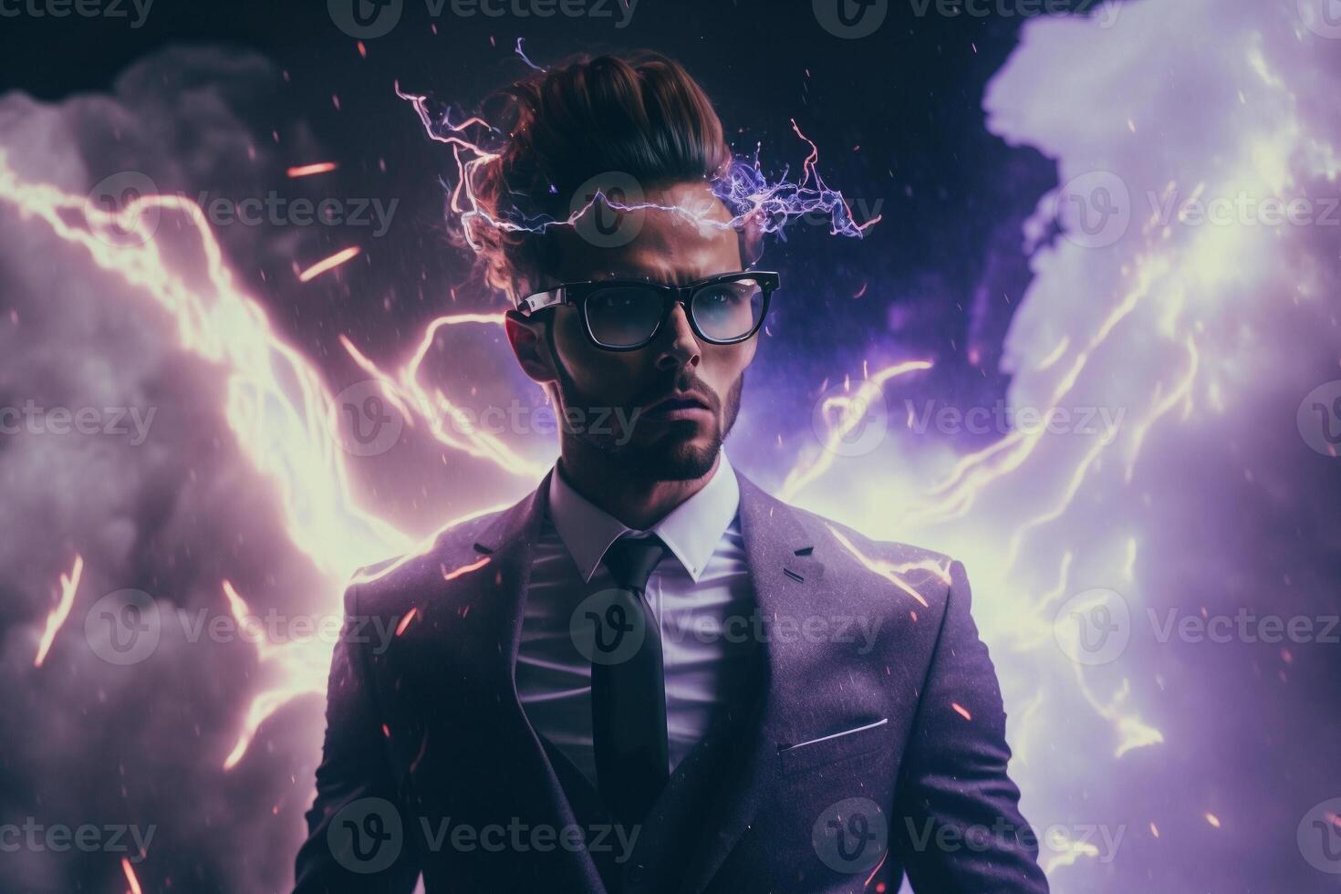 Graphical virtual reality technology concept of a man wearing a suit and VR glasses, . photo