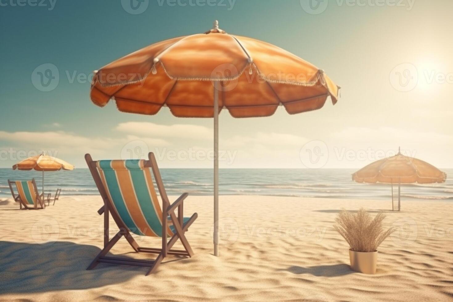 Summer beach by the sea,beach chair and umbrella. . photo