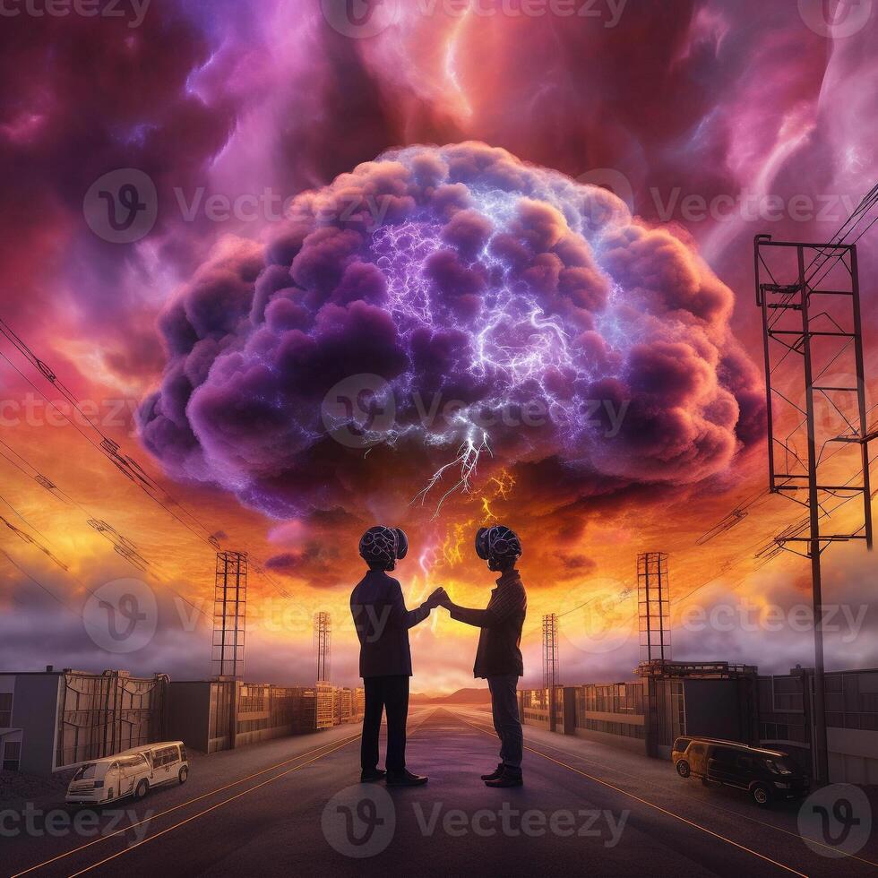 AI Metaverse, explodes with colorful brain clouds wearing. . photo
