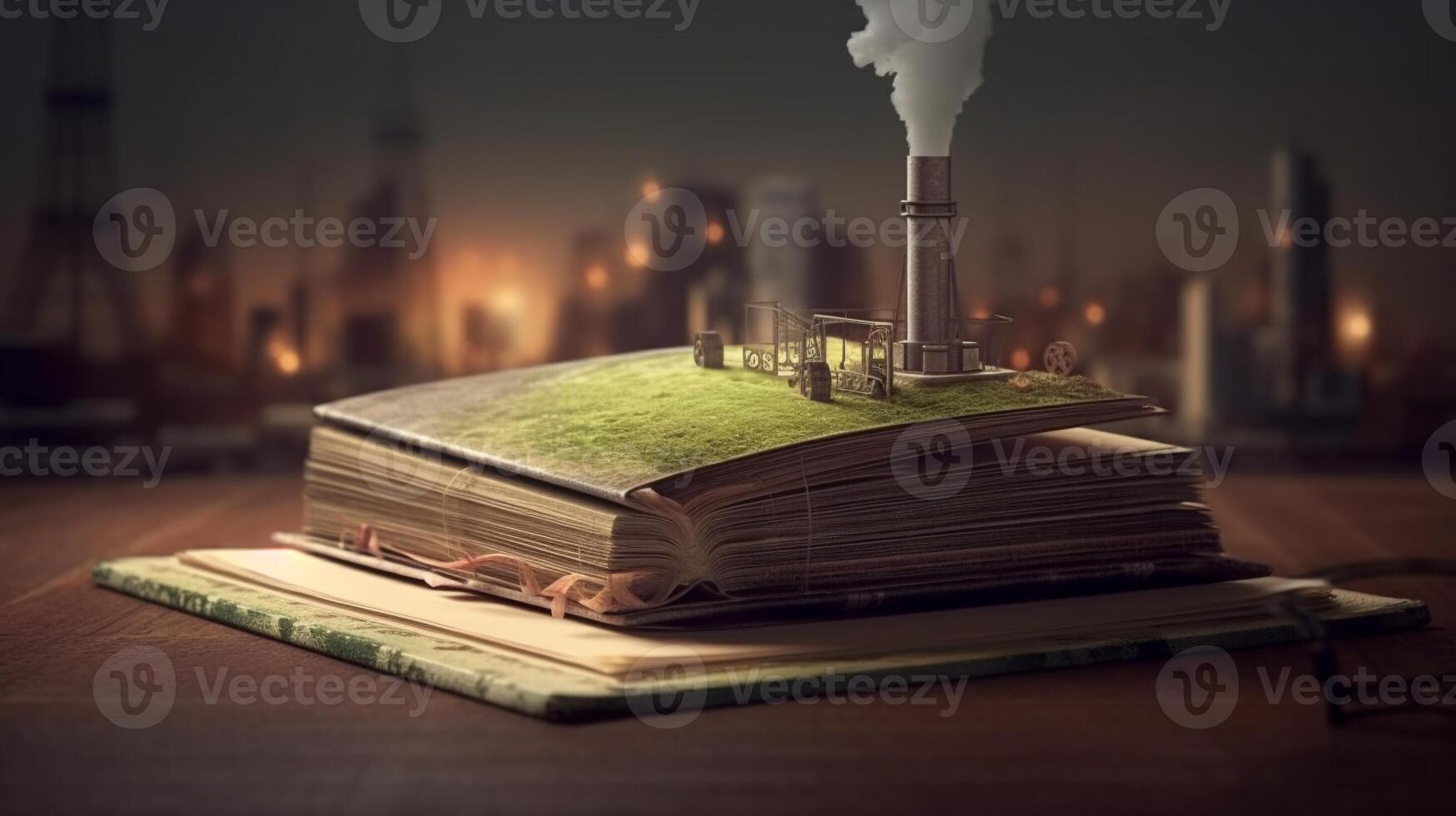 Open book with magical green tree and industry background. Generative AI. photo