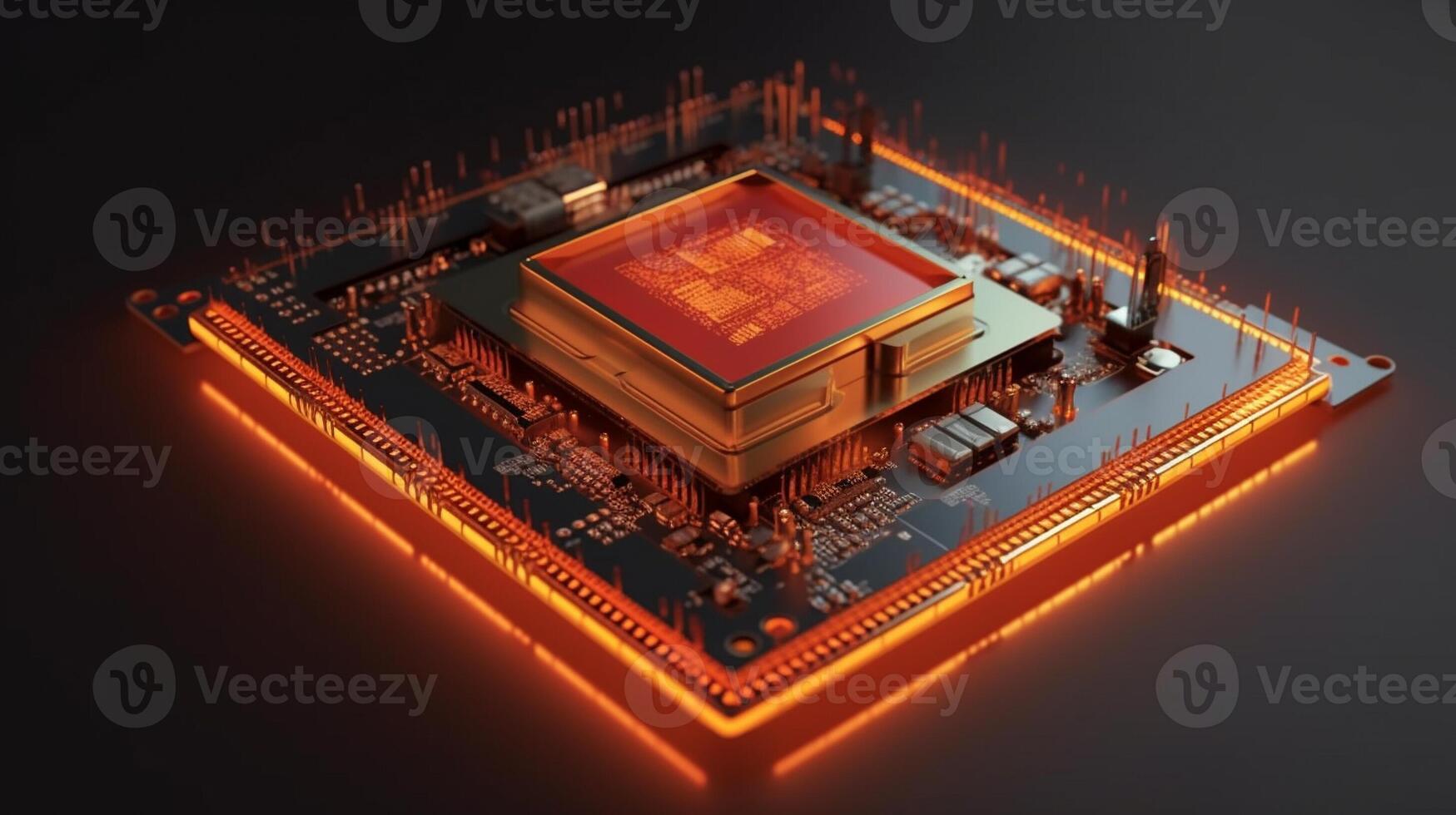 Micro CPU on circuit board with red lighting 3D. . photo