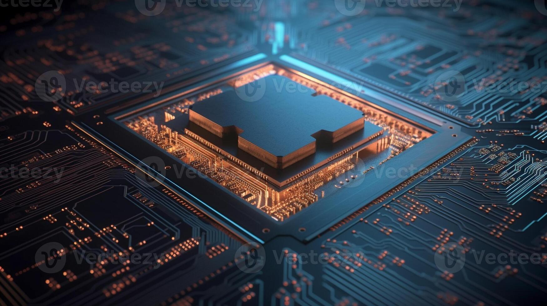 Micro CPU on circuit board with red lighting 3D. . photo