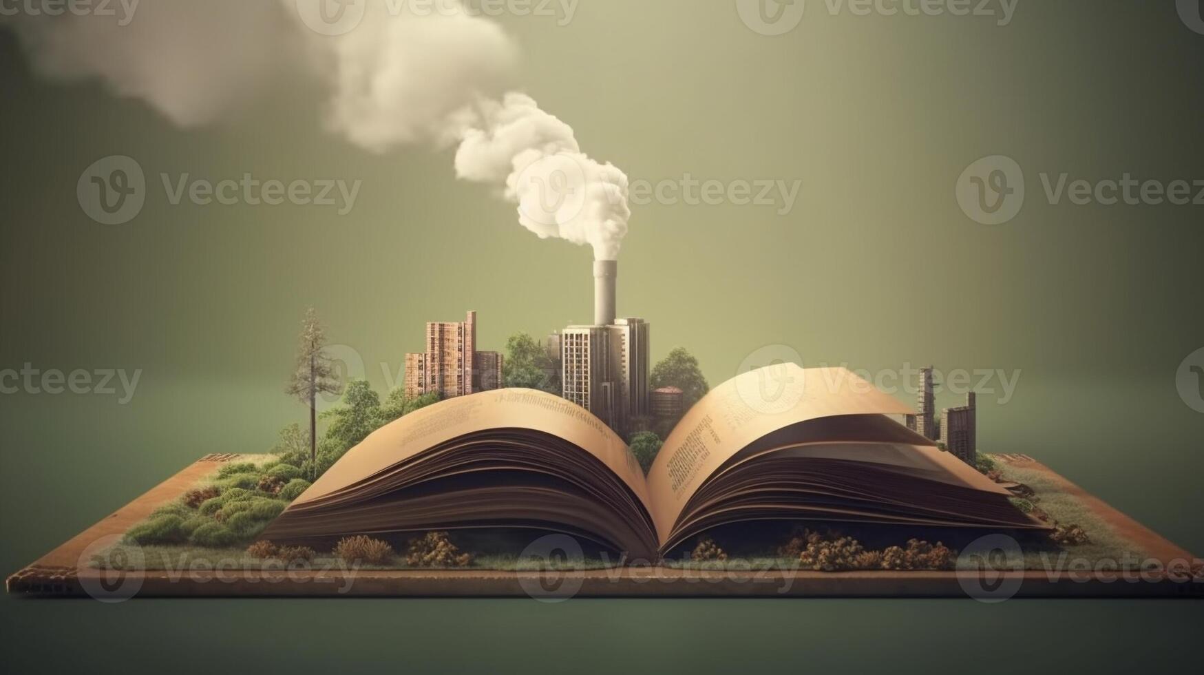 Open book with magical green tree and industry background. Generative AI. photo