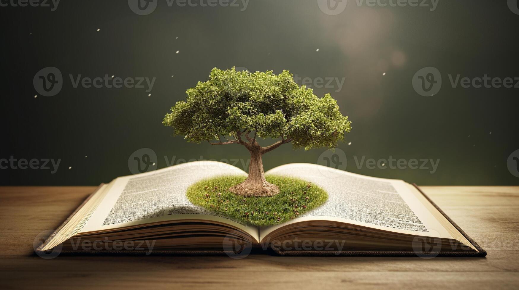 Open book with magical green tree and nature background. Generative AI. photo