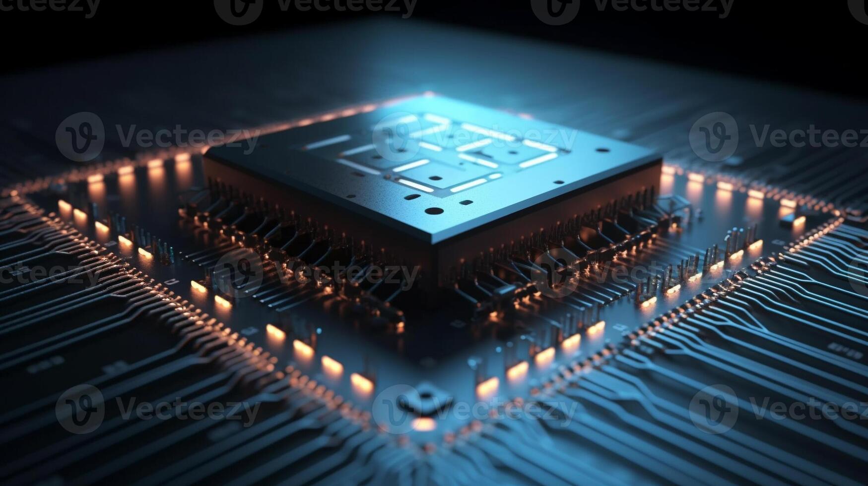Micro CPU on circuit board with red lighting 3D. . photo