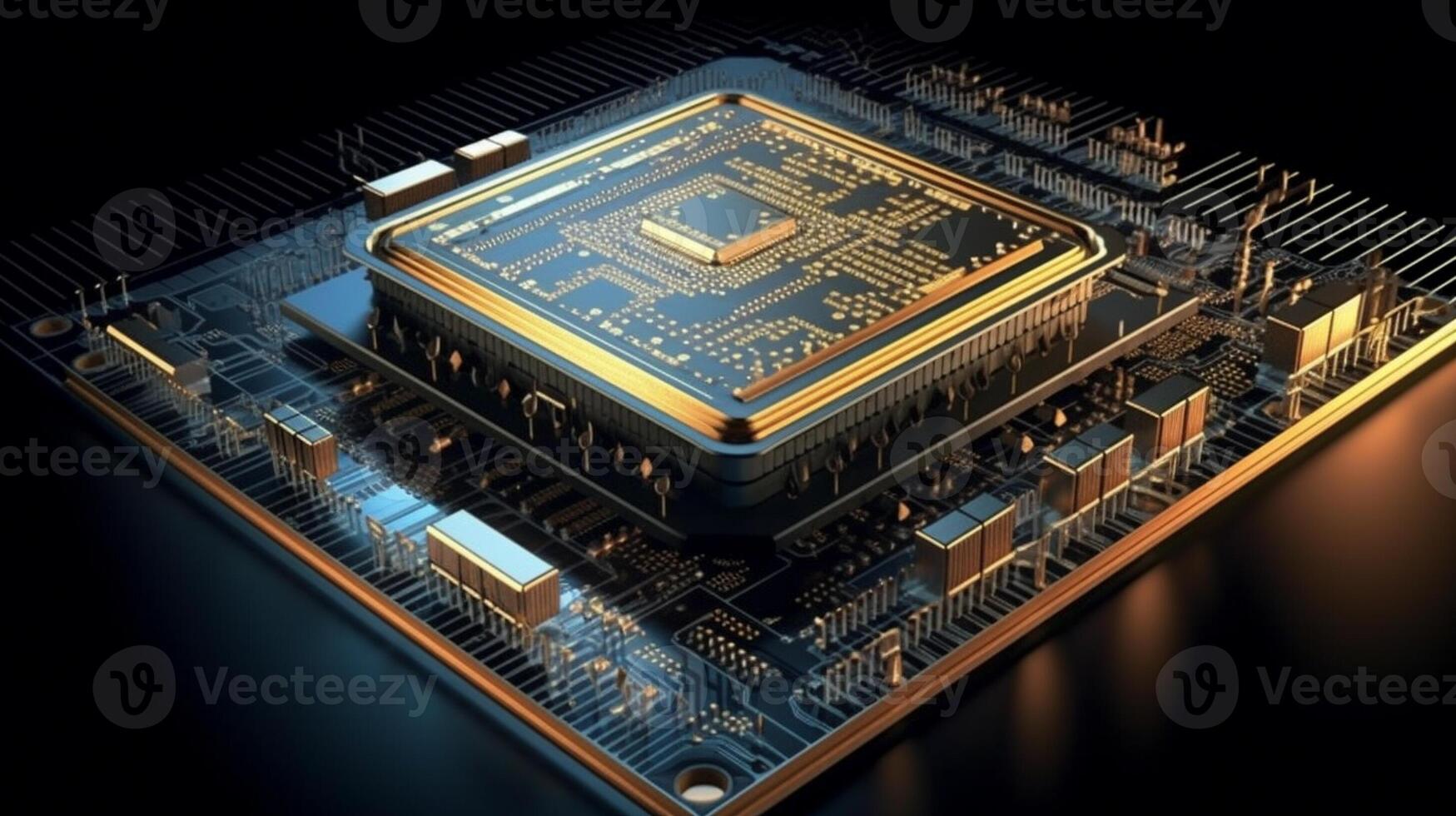 Micro CPU on circuit board with red lighting 3D. . photo