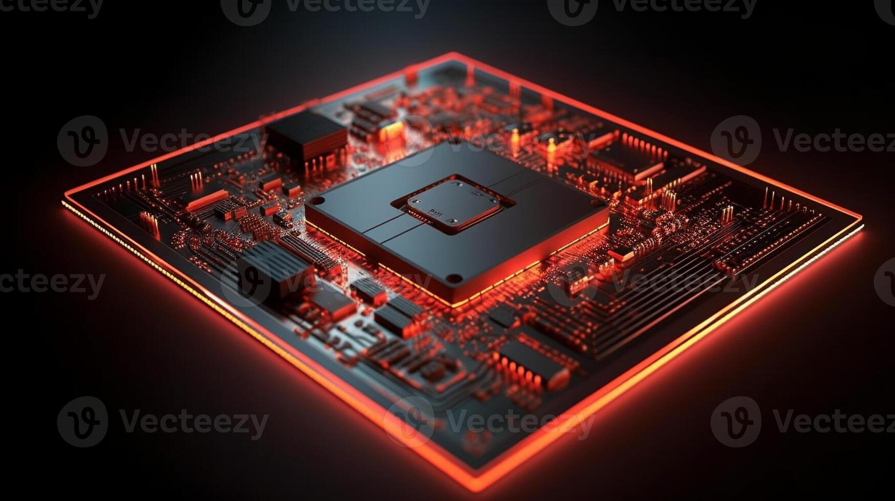 Micro CPU on circuit board with red lighting 3D. . photo