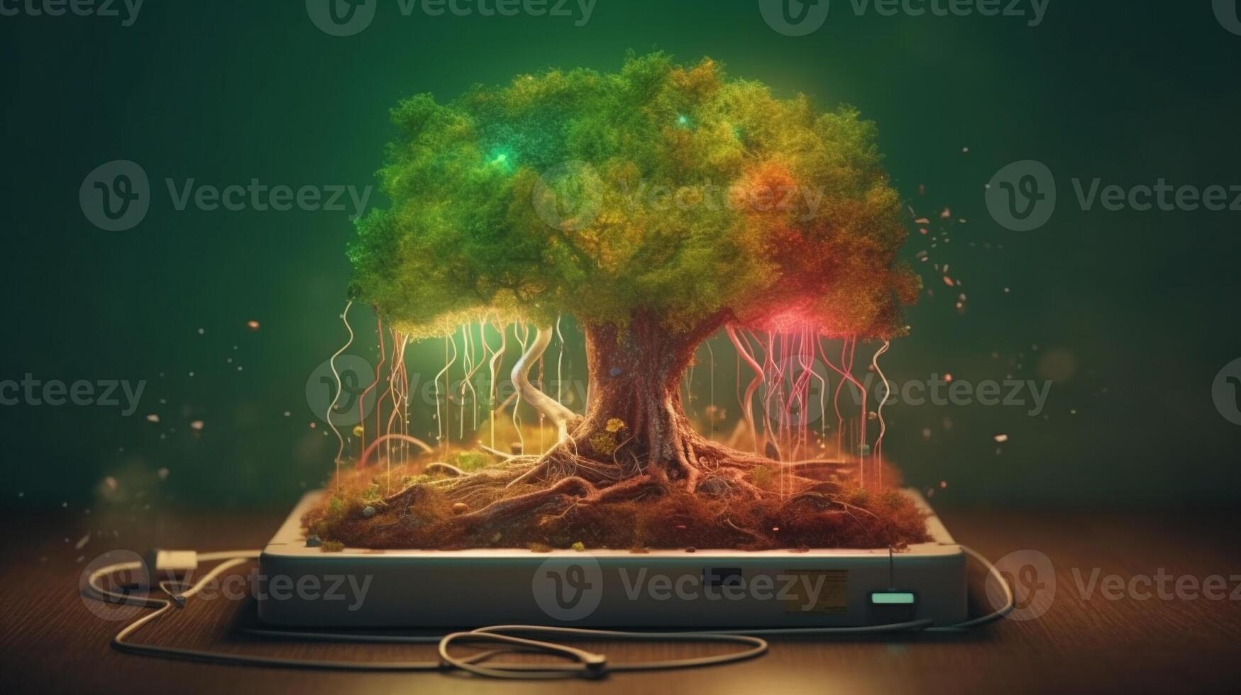 Beautiful illustration of the symbolic magic tree of life.The EV charging station explodes with colorful tree roots. Generative AI. photo