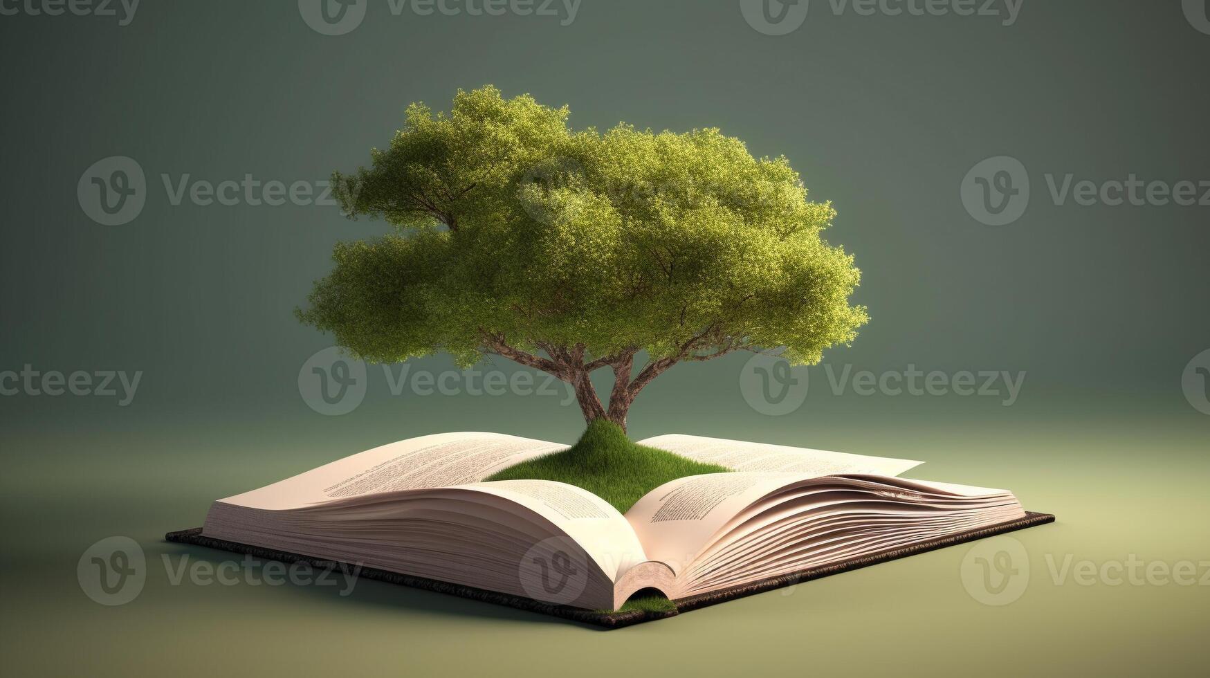 Open book with magical green tree and nature background. . photo