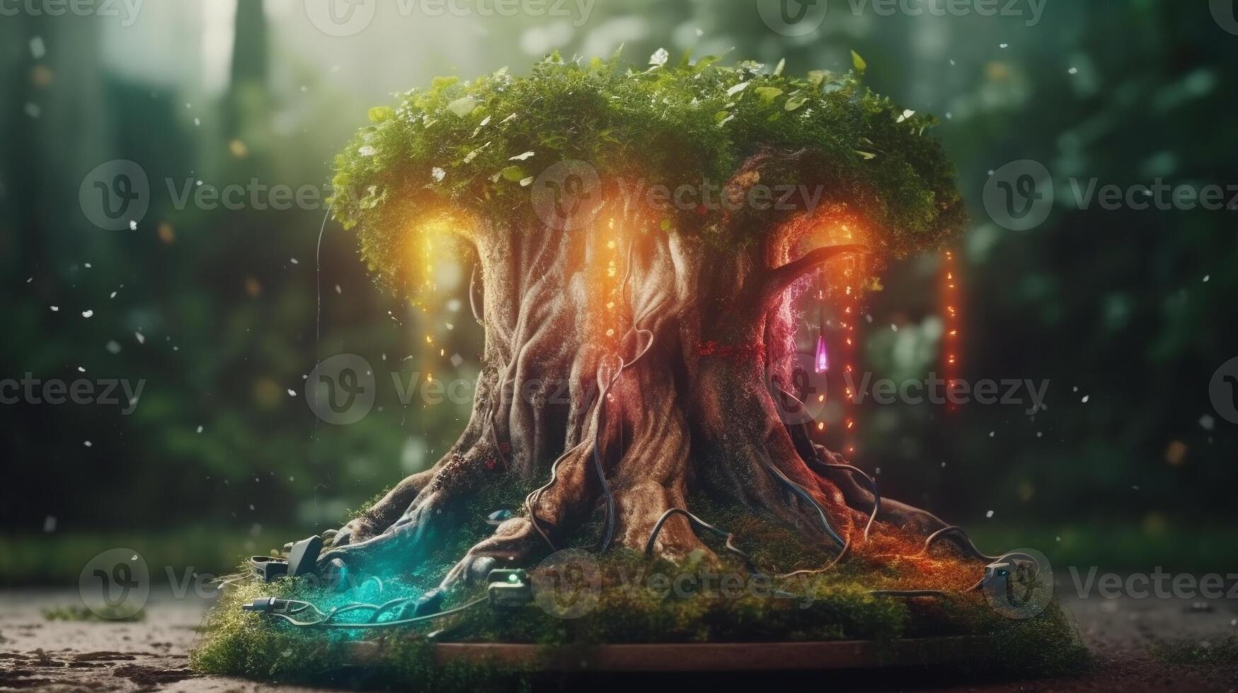 Beautiful illustration of the symbolic magic tree of life.The EV charging station explodes with colorful tree roots. Generative AI. photo