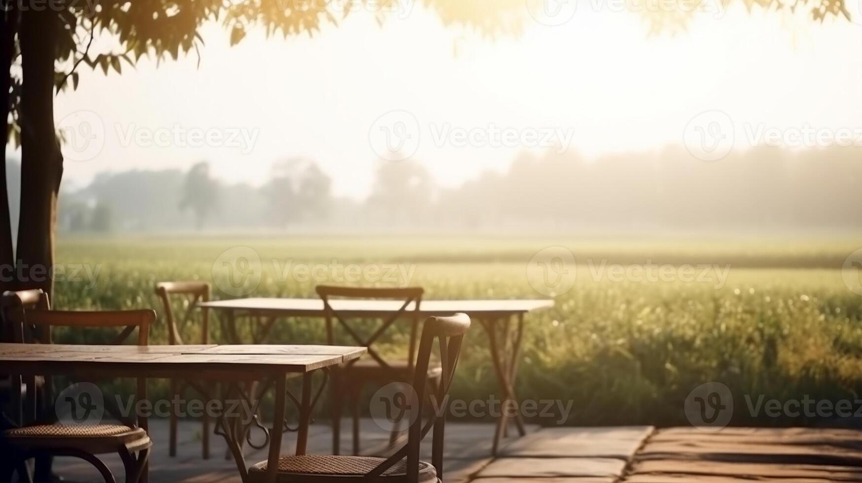 Beautiful outdoor terrace and chairs on the sunny balcony views with mountain views in the background. Generative Ai. photo