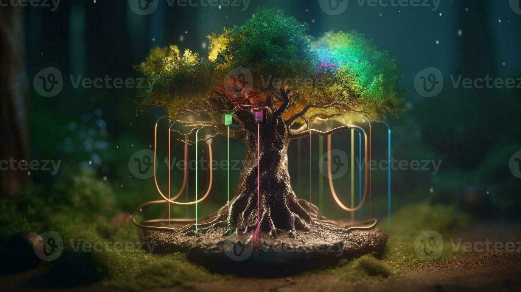 Beautiful illustration of the symbolic magic tree of life.The EV charging station explodes with colorful tree roots. Generative AI. photo