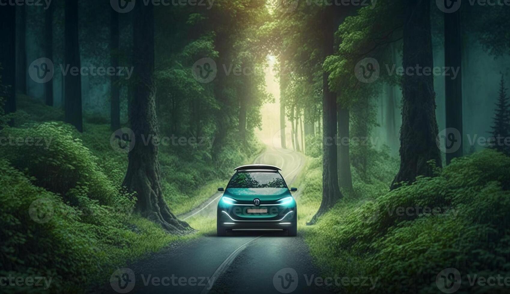 Electric vehicle and EV electric energy for the environment, EV cars on forest roads at ecological ecosystem healthy environment Electric cars and nature. . photo