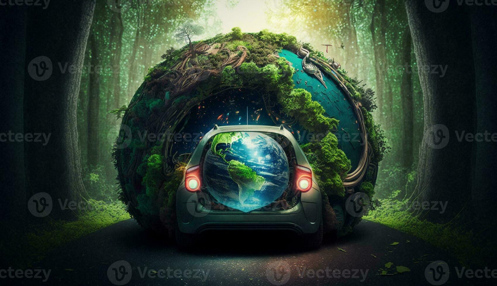 Electric vehicle and EV electric energy for the environment, EV cars on forest roads at ecological ecosystem healthy environment Electric cars and nature. Generative Ai. photo
