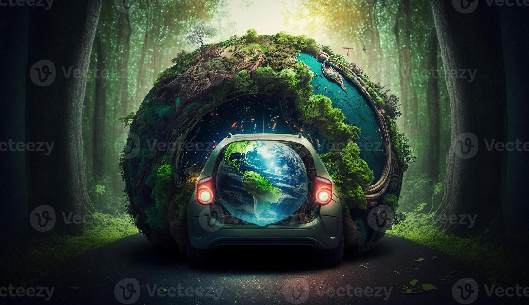 Electric vehicle and EV electric energy for the environment, EV cars on forest roads at ecological ecosystem healthy environment Electric cars and nature. . photo