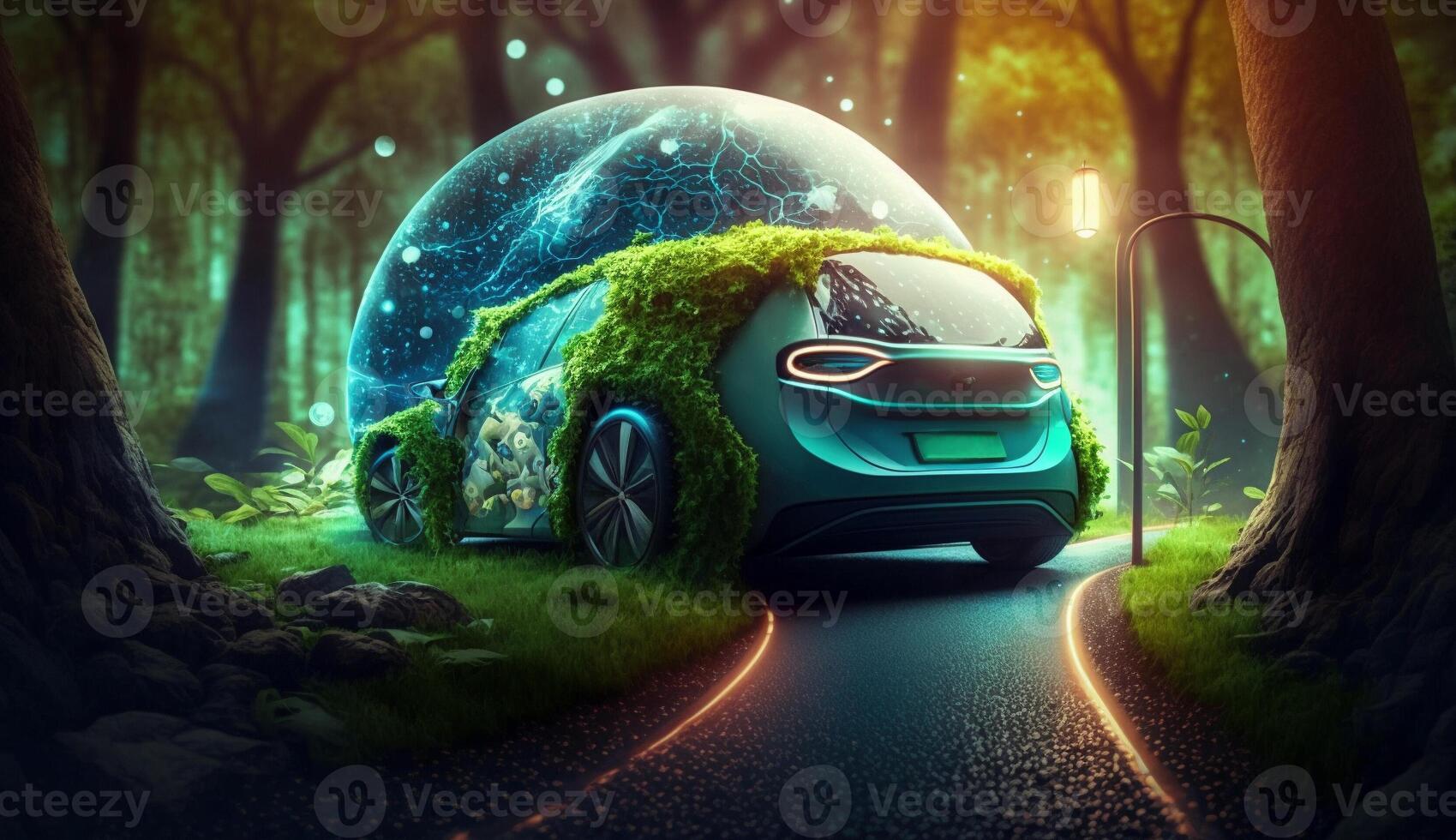 Electric vehicle and EV electric energy for the environment, EV cars on forest roads at ecological ecosystem healthy environment Electric cars and nature. Generative Ai. photo