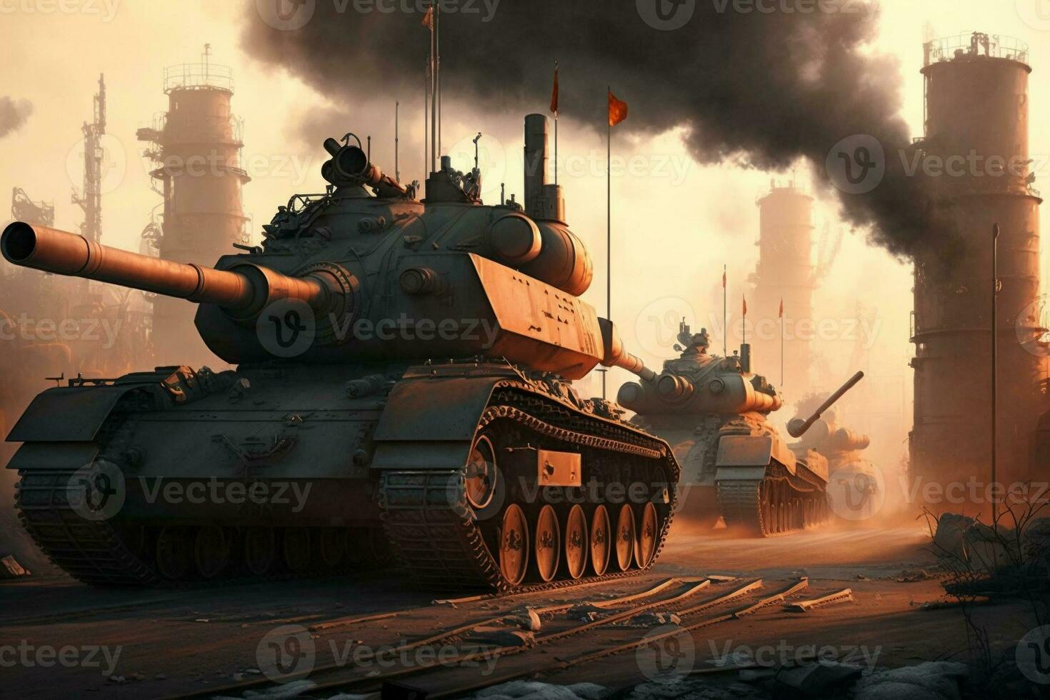 Army tank in the field of battle,Concept of war. Generative AI. photo