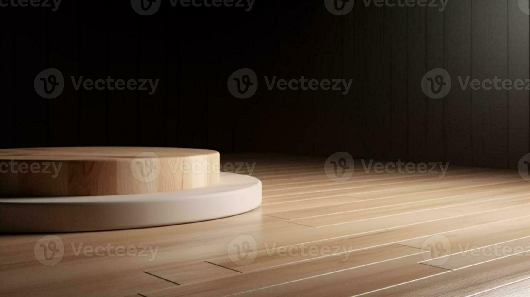 wooden top podium design blocks, cylindrical plinths, concept scenes, stage performances, products, creams, perfumes, with space for text. Modern surreal elements. Generative Ai. photo